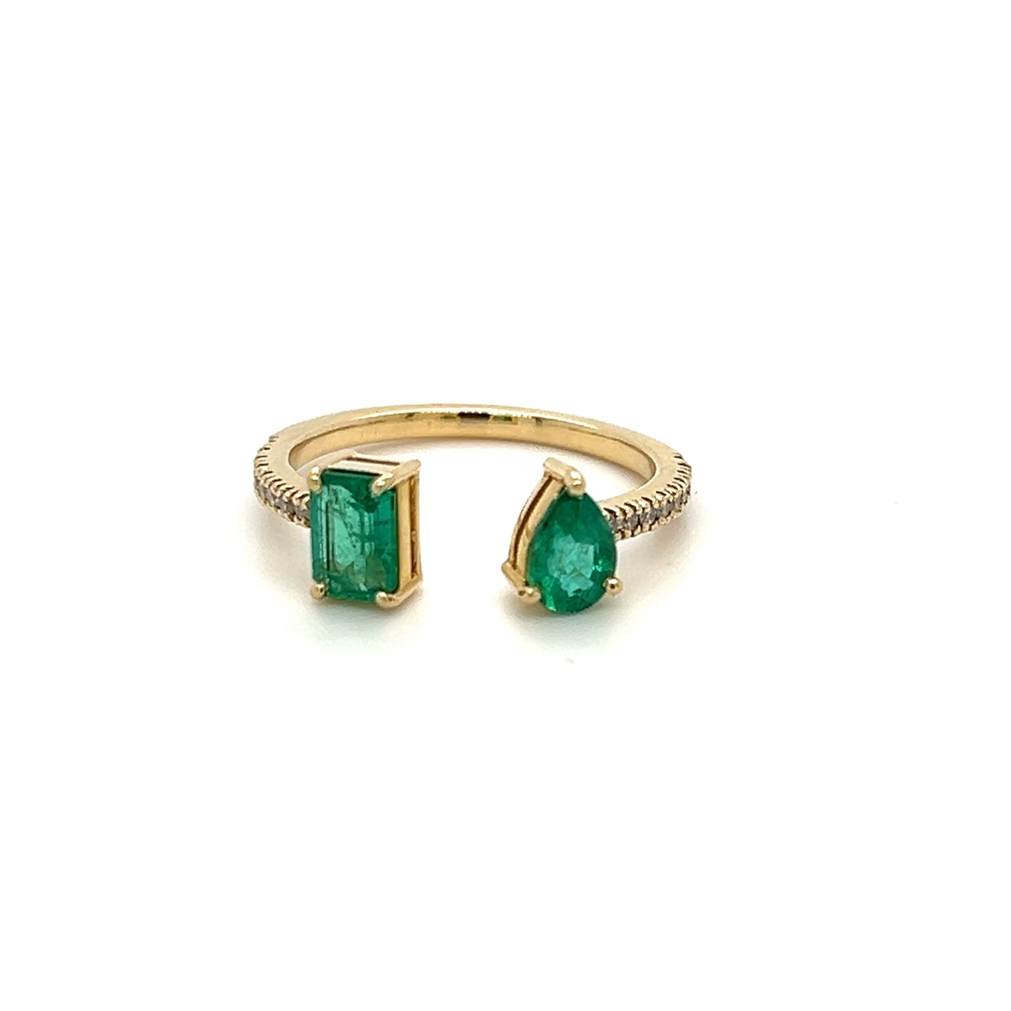 14k Pear & Rectangular Shape Emeralds and Diamonds Ring For Women