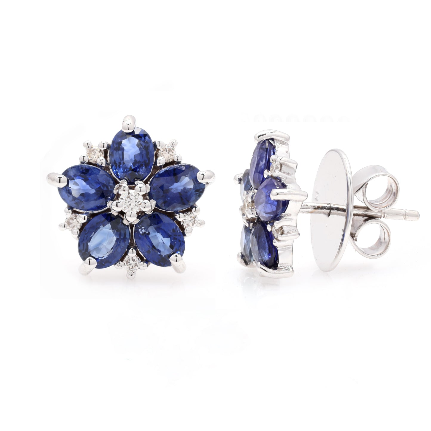 14k White Gold Floral Shape Blue Sapphire Earrings For Women