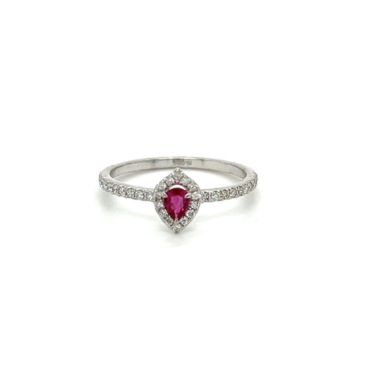 14k Minimalist Pear Shape Ruby & Round Diamond Ring For Women