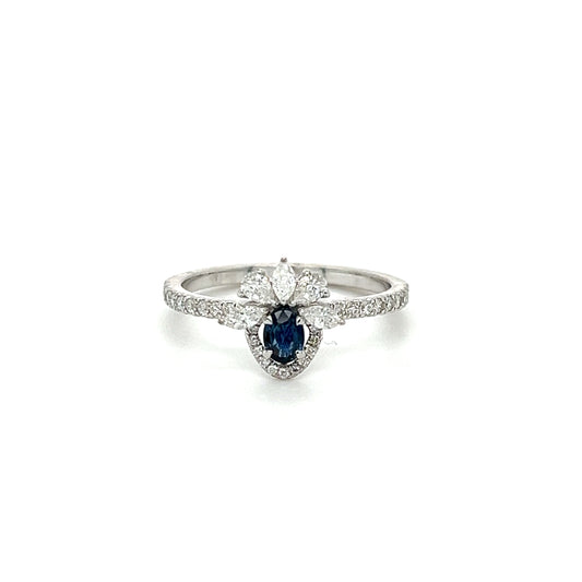 14k Minimalist Oval Blue Sapphire & Diamond Ring For Women