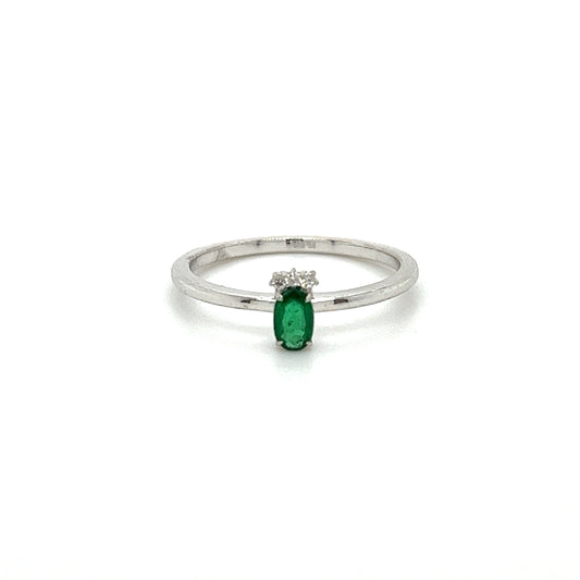 14k Minimalist Oval Shape Emerald & Round Diamond Ring For Women