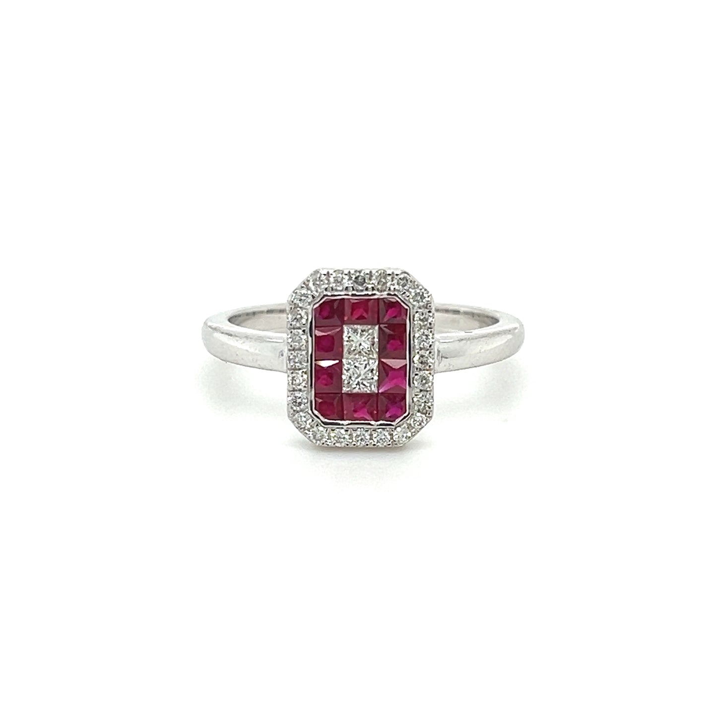 14k Geometrical Ruby & Round Diamond Ring For Women