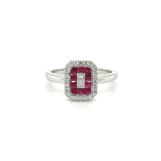 14k Geometrical Ruby & Round Diamond Ring For Women