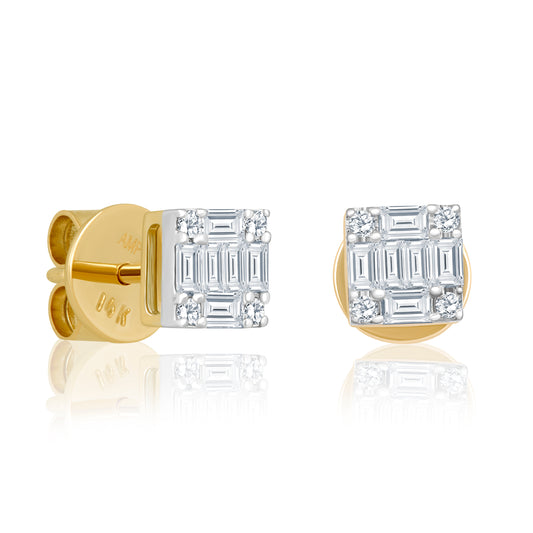 14k Gold Square Studs with Baguette & Round Diamonds