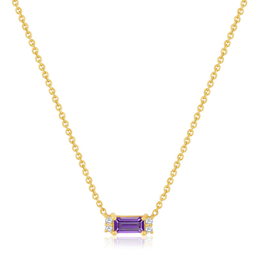 Amethyst Baguette Shape Pendant Necklace With Round Diamonds