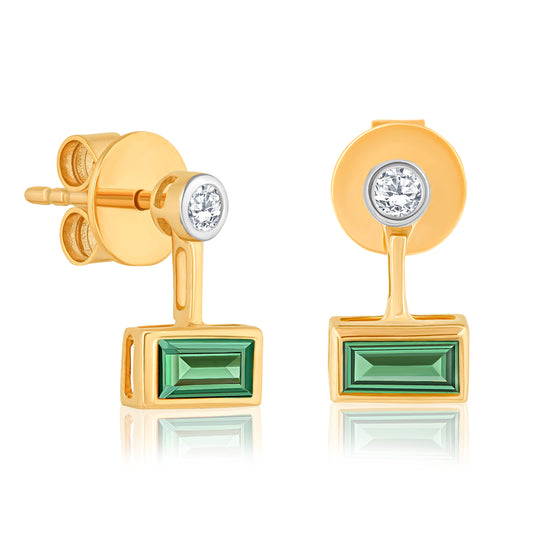 14k Green Tourmaline Baguette & Diamond Earrings For Women (Dark Green)