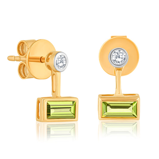 14k Peridot Baguette & Diamond Earrings For Women