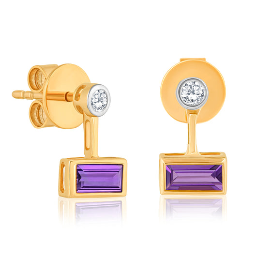 14k Amethyst Baguette & Diamond Earrings For Women
