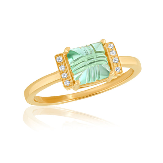 14k Ring with Carved Green Tourmaline & Natural Diamonds For Women