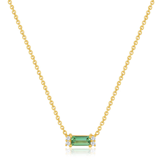 Green Tourmaline Baguette Shape Pendant Necklace With Round Diamonds