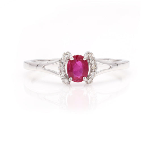 14k Oval Shape Ruby & Round Diamond Ring For Women