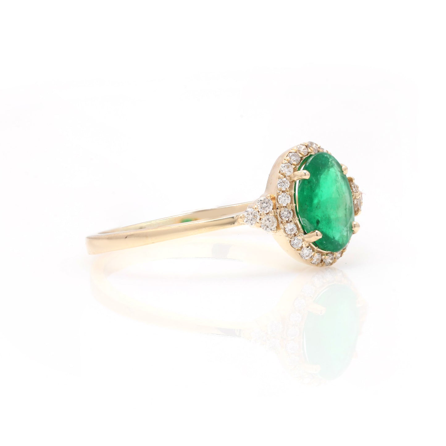 14k Oval Shape Emerald & Round Diamond Ring For Women