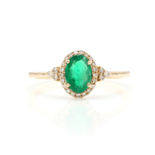 14k Oval Shape Emerald & Round Diamond Ring For Women