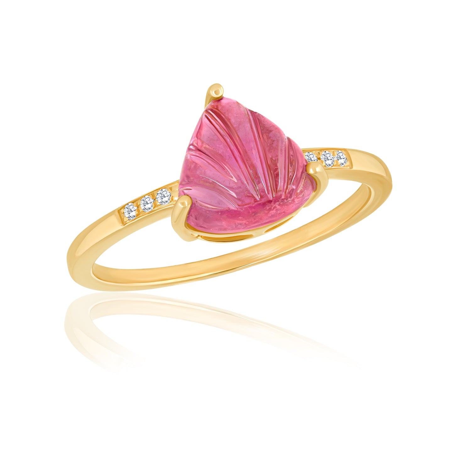 14k Ring With Carved Pink Tourmaline & Natural Diamonds For Women