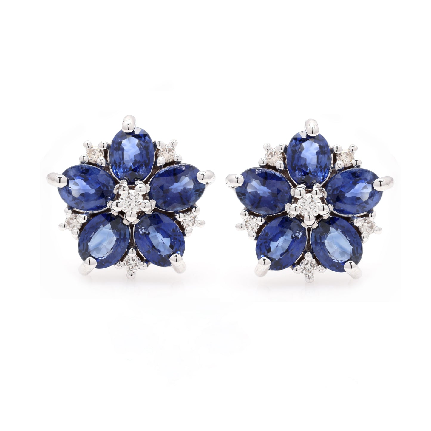 14k White Gold Floral Shape Blue Sapphire Earrings For Women