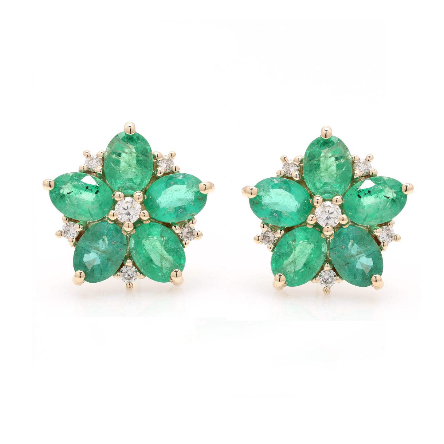 14k White Gold Floral Shape Emerald Earrings For Women