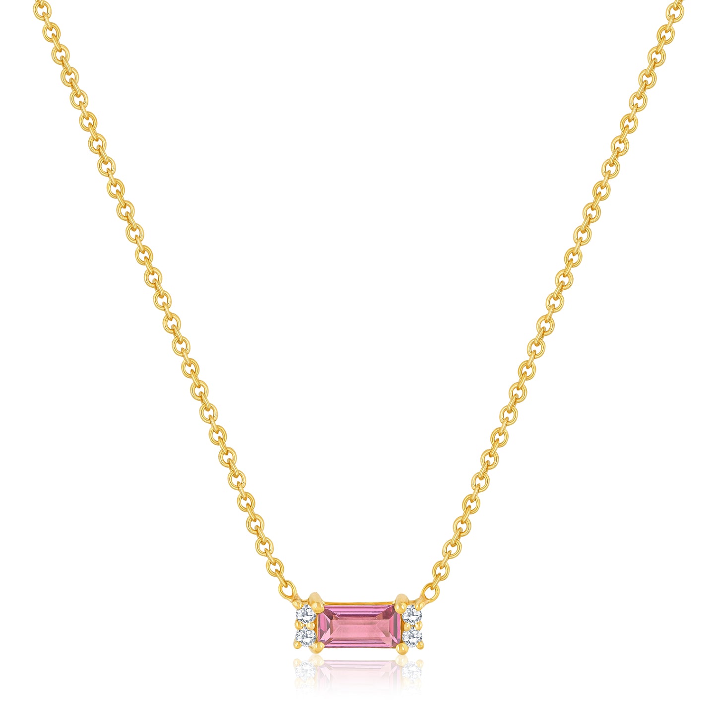 Pink Tourmaline Baguette Shape Pendant Necklace With Round Diamonds
