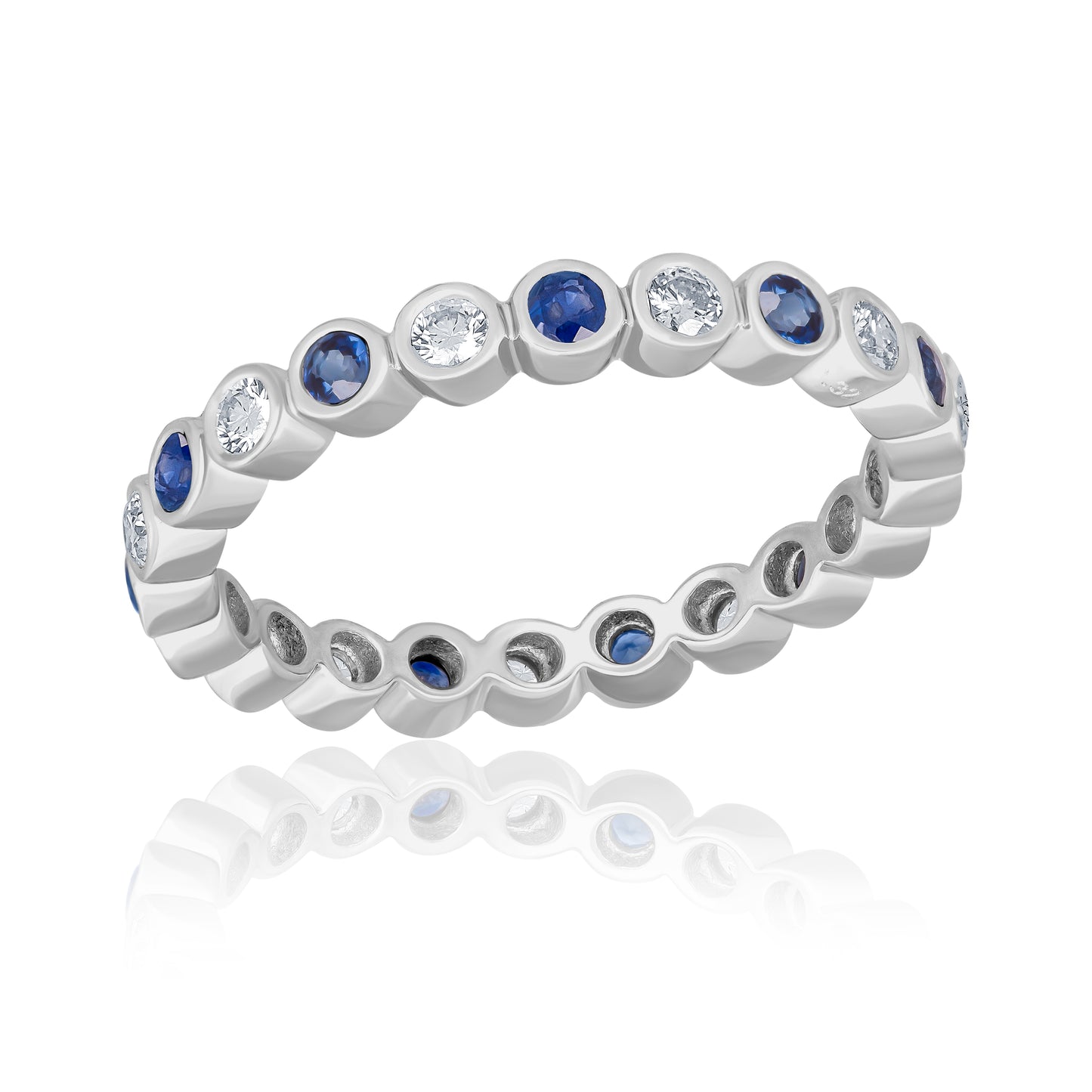 14k Stackable Ring With Natural Diamonds & Blue Sapphires For Women