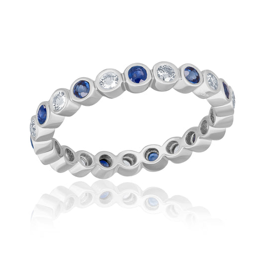 Stackable 14K White Gold Ring With Diamonds & Blue Sapphire For Women
