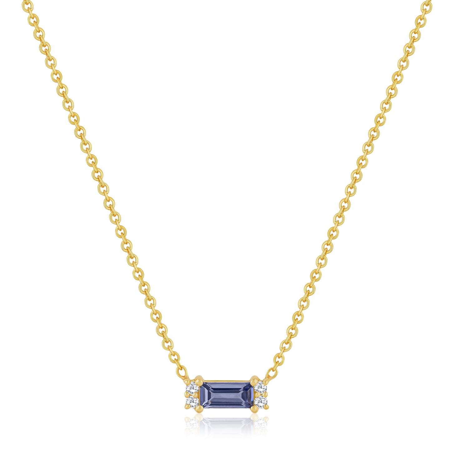 Iolite Baguette Shape Pendant Necklace With Round Diamonds
