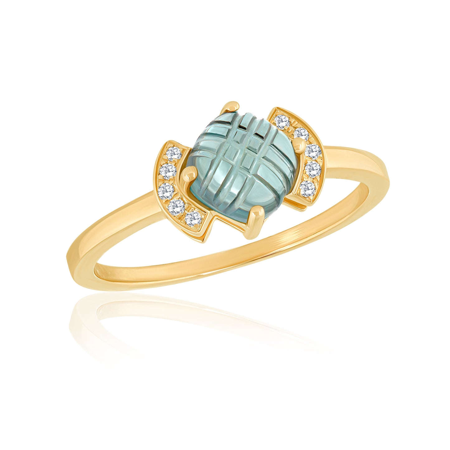 14k Ring With Carved Green Tourmaline & Natural Diamonds For Women