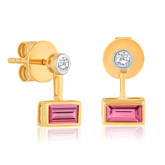 14k Pink Tourmaline Baguette & Diamond Earrings For Women