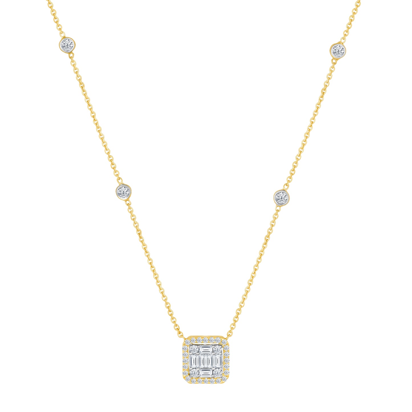14K Yellow Gold Baguette Diamond Necklace For Women