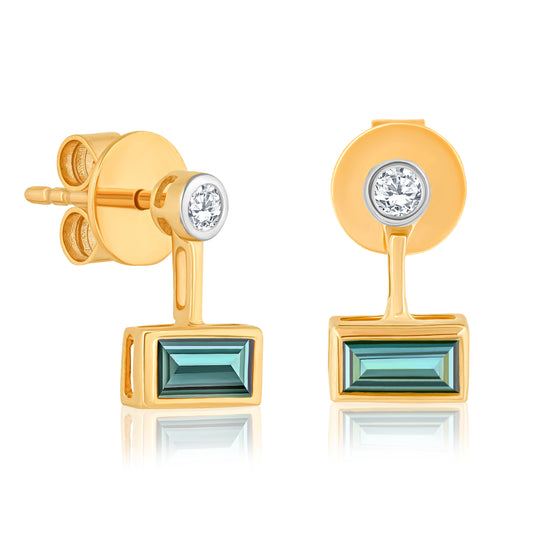 14k Green Tourmaline Baguette & Diamond Earrings For Women